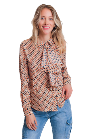Long Sleeve Blouse With Ruffle Detail in Beige