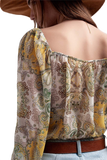 Long Sleeve Sheer Top With Shirred Waist and Tie Detail in Cachemir