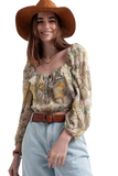 Long Sleeve Sheer Top With Shirred Waist and Tie Detail in Cachemir