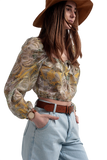 Long Sleeve Sheer Top With Shirred Waist and Tie Detail in Cachemir