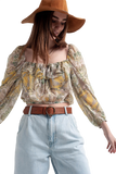 Long Sleeve Sheer Top With Shirred Waist and Tie Detail in Cachemir