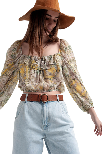 Long Sleeve Sheer Top With Shirred Waist and Tie Detail in Cachemir
