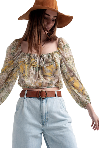 Long Sleeve Sheer Top With Shirred Waist and Tie Detail in Cachemir