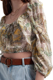 Long Sleeve Sheer Top With Shirred Waist and Tie Detail in Cachemir