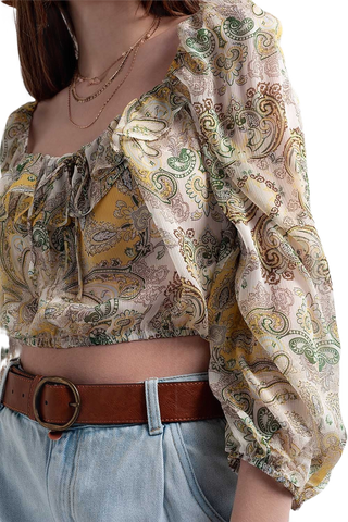 Long Sleeve Sheer Top With Shirred Waist and Tie Detail in Cachemir