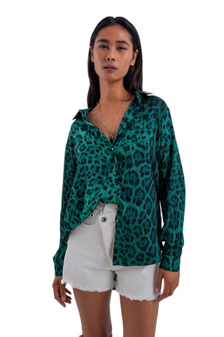 Long Sleeve Soft Shirt in Green Animal Print