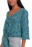 Long Sleeve v Neck Blouse With Button Detail in Green Floral Print