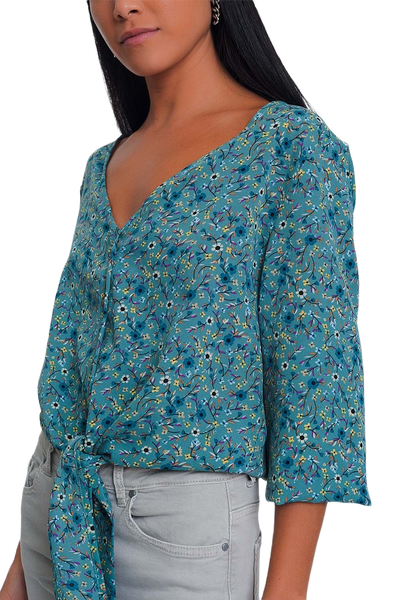 Long Sleeve v Neck Blouse With Button Detail in Green Floral Print