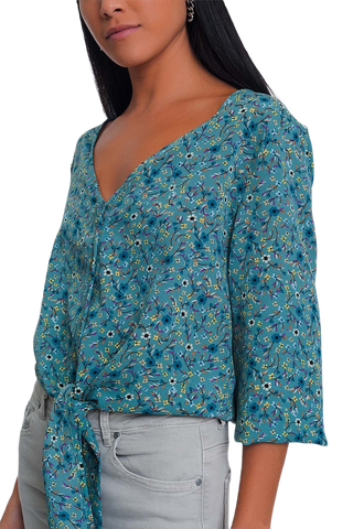 Long Sleeve v Neck Blouse With Button Detail in Green Floral Print