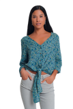 Long Sleeve v Neck Blouse With Button Detail in Green Floral Print
