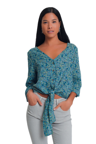 Long Sleeve v Neck Blouse With Button Detail in Green Floral Print