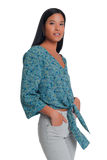 Long Sleeve v Neck Blouse With Button Detail in Green Floral Print