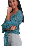 Long Sleeve v Neck Blouse With Button Detail in Green Floral Print