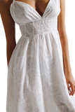 Long White Crochet Dress With Fitted Waist