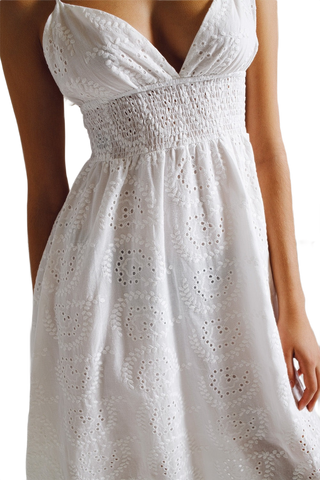 Long White Crochet Dress With Fitted Waist