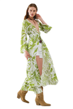 Maxi Green Kimono With Tropical Palm Print
