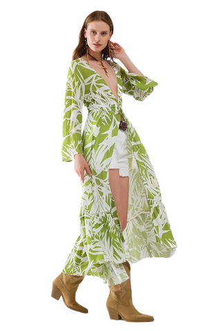 Maxi Green Kimono With Tropical Palm Print