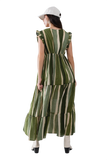 Maxi V-Neck Dress With Tiered Skirt in Striped Tie-Dye Green