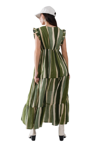 Maxi V-Neck Dress With Tiered Skirt in Striped Tie-Dye Green