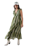Maxi V-Neck Dress With Tiered Skirt in Striped Tie-Dye Green