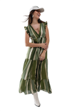 Maxi V-Neck Dress With Tiered Skirt in Striped Tie-Dye Green