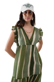 Maxi V-Neck Dress With Tiered Skirt in Striped Tie-Dye Green