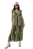 Maxi V-Neck Dress With Tiered Skirt in Striped Tie-Dye Green