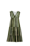 Maxi V-Neck Dress With Tiered Skirt in Striped Tie-Dye Green