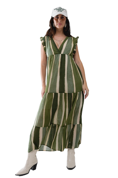 Maxi V-Neck Dress With Tiered Skirt in Striped Tie-Dye Green