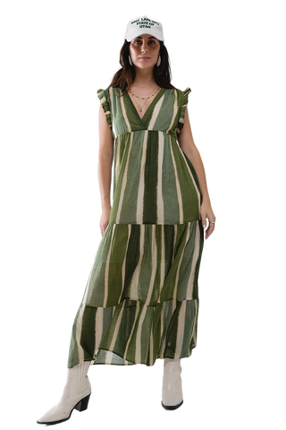 Maxi V-Neck Dress With Tiered Skirt in Striped Tie-Dye Green