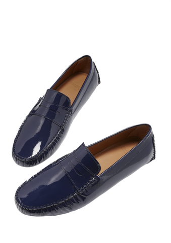 Penny Driving Loafers, Navy Blue Patent Leather