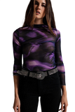 Mesh Top Rouched at the Side in Abstract Purple Print