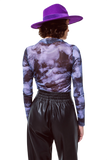 Mesh Top Rouched at the Side in Abstract Purple Print