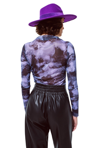 Mesh Top Rouched at the Side in Abstract Purple Print