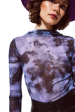 Mesh Top Rouched at the Side in Abstract Purple Print