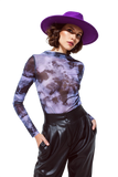 Mesh Top Rouched at the Side in Abstract Purple Print