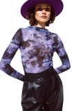 Mesh Top Rouched at the Side in Abstract Purple Print