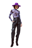 Mesh Top Rouched at the Side in Abstract Purple Print