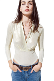 Metallic Finish Bodysuit With Draped Details in Pearl White