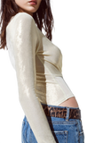 Metallic Finish Bodysuit With Draped Details in Pearl White