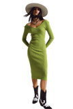 Midi Bodycon Knitted Dress With V-Neck in Green.