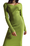 Midi Bodycon Knitted Dress With V-Neck in Green.