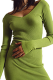 Midi Bodycon Knitted Dress With V-Neck in Green.