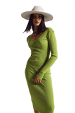 Midi Bodycon Knitted Dress With V-Neck in Green.