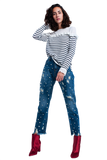 Navy Striped Sweater With Ruffles