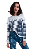 Navy Striped Sweater With Ruffles