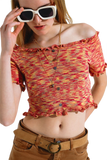 Off the Shoulder Cropped Knitted Top in Rust Melange