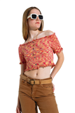 Off the Shoulder Cropped Knitted Top in Rust Melange