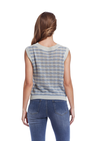 Open Knit Cropped Striped Sleeveless Sweater in Blue and White