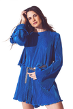 Pleated Round Neck Crop Top in Blue